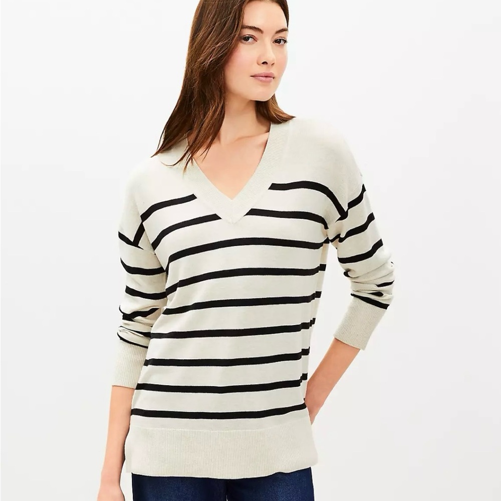 LOFT Striped Luxe Knit V-Neck Tunic Sweater NWT